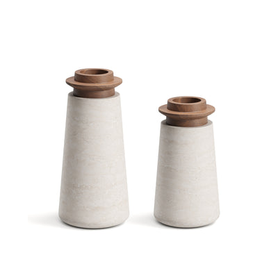 Two Tivoli vases in Travertino Navona marble with Walnut wood top. Large size (left) and Small size (right) with white background. 