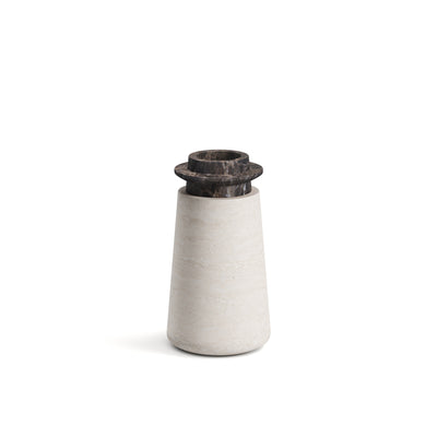Tivoli vase in Travertino Navona marble with Black Emperador top, size small with white background.