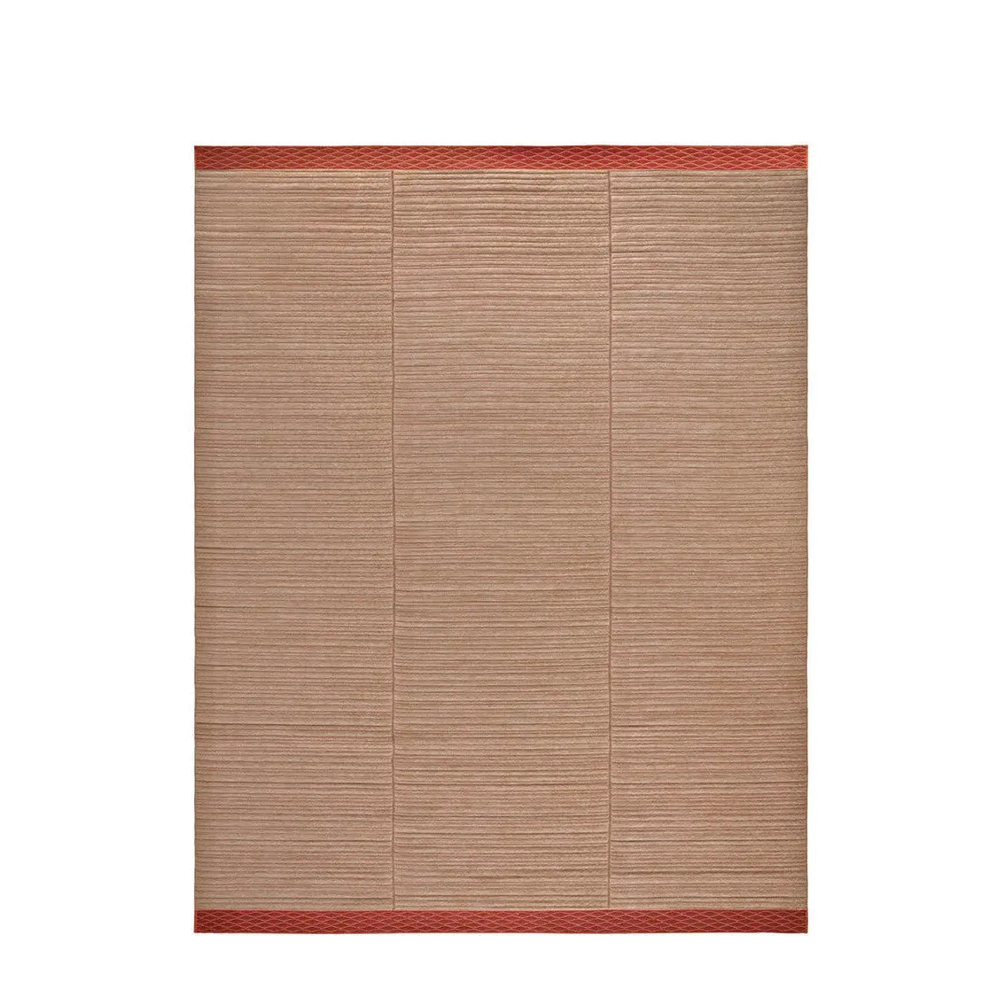 Guna rug with fine knitted texture in natural tones and red borders by Gervasoni, suitable for indoor and outdoor use.