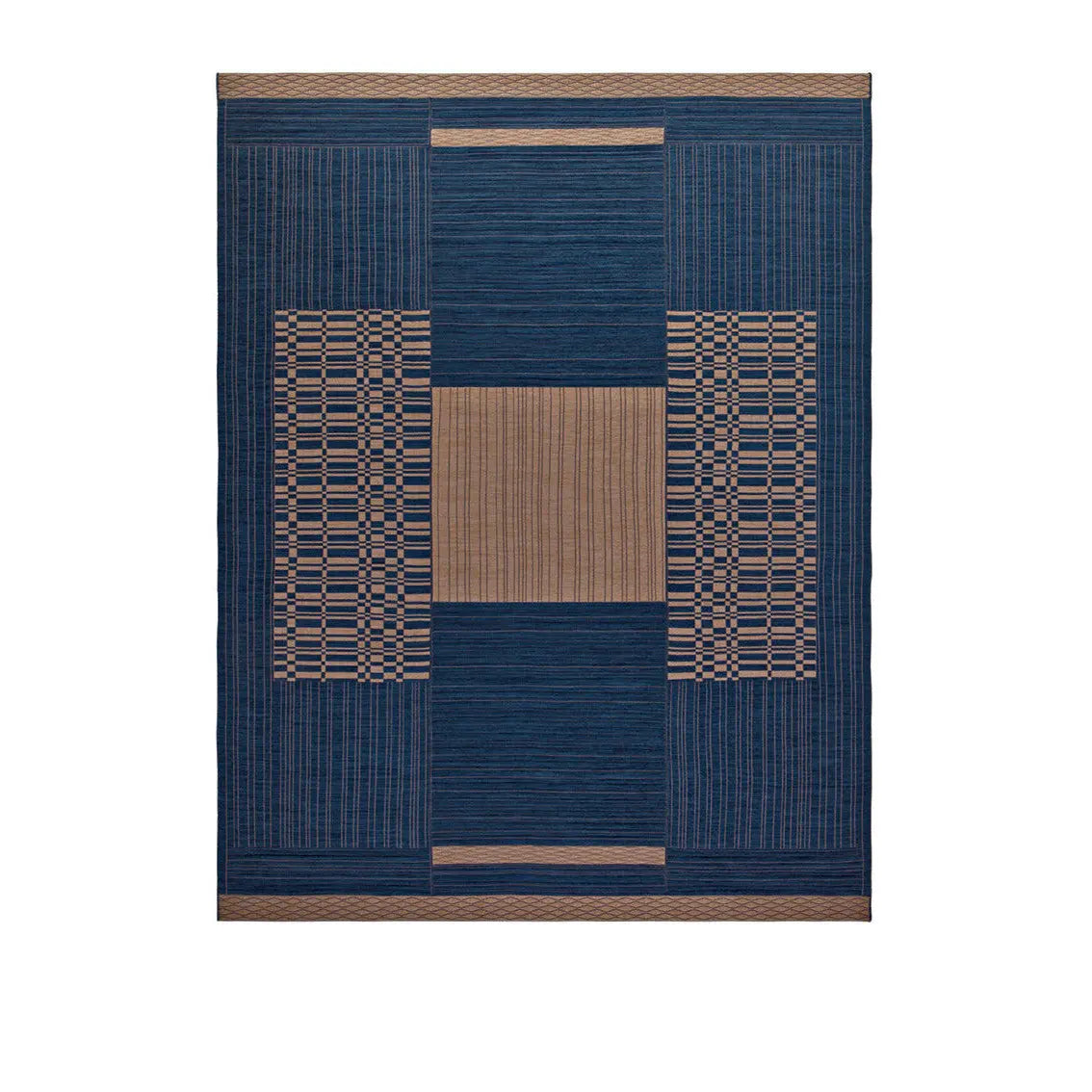 Guna Rug by Gervasoni in blue and natural tones with intricate woven geometric patterns and striped texture