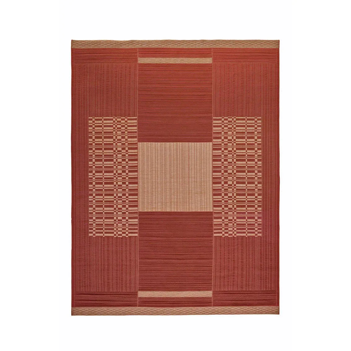 Guna rug in red and natural tones featuring intricate stripes and checkerboard knitting pattern by Gervasoni