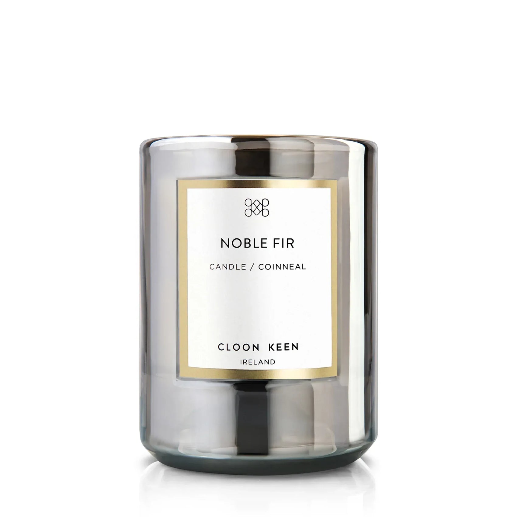 Cloon Keen Noble Fir candle in its glass vessel on a clean white background, holiday edition