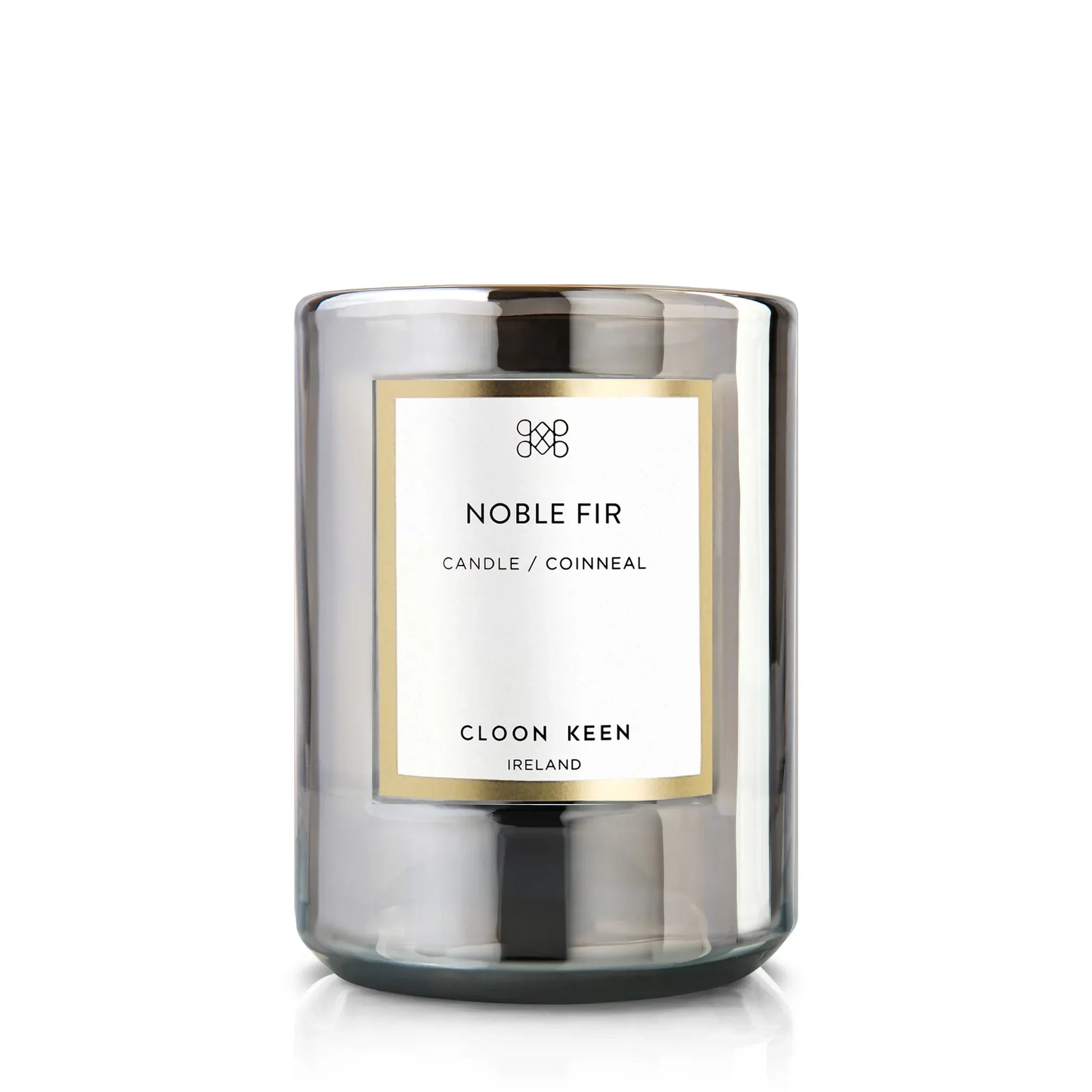Cloon Keen Noble Fir candle in its glass vessel on a clean white background, holiday edition