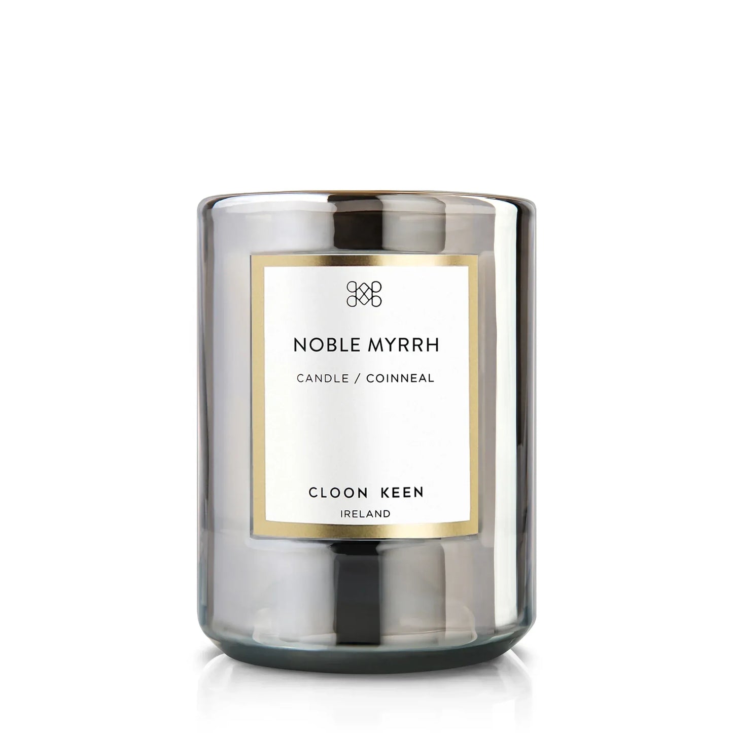 Cloon Keen Noble Myrrh candle in its glass vessel on a clean white background, holiday edition