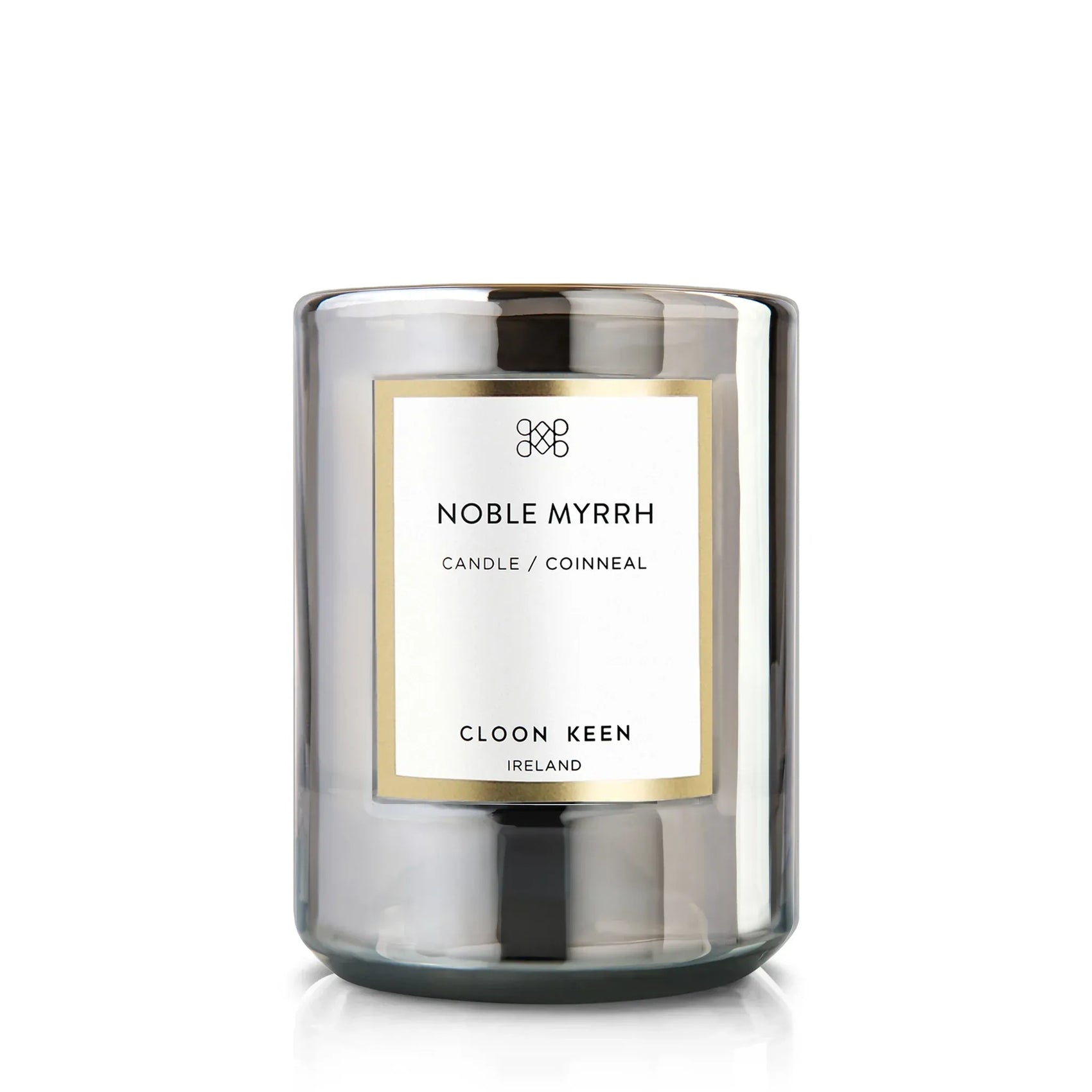 Cloon Keen Noble Myrrh candle in its glass vessel on a clean white background, holiday edition