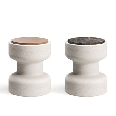 Pair of Tivoli stools with white background. Travertino Navona with Walnut wood top on the left and Travertino Navona with Black Emperador on the right. 