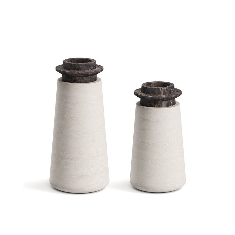 Two Tivoli vases in Travertino Navona marble with Black Emperador top. Large size (left) and Small size (right) with white background. 