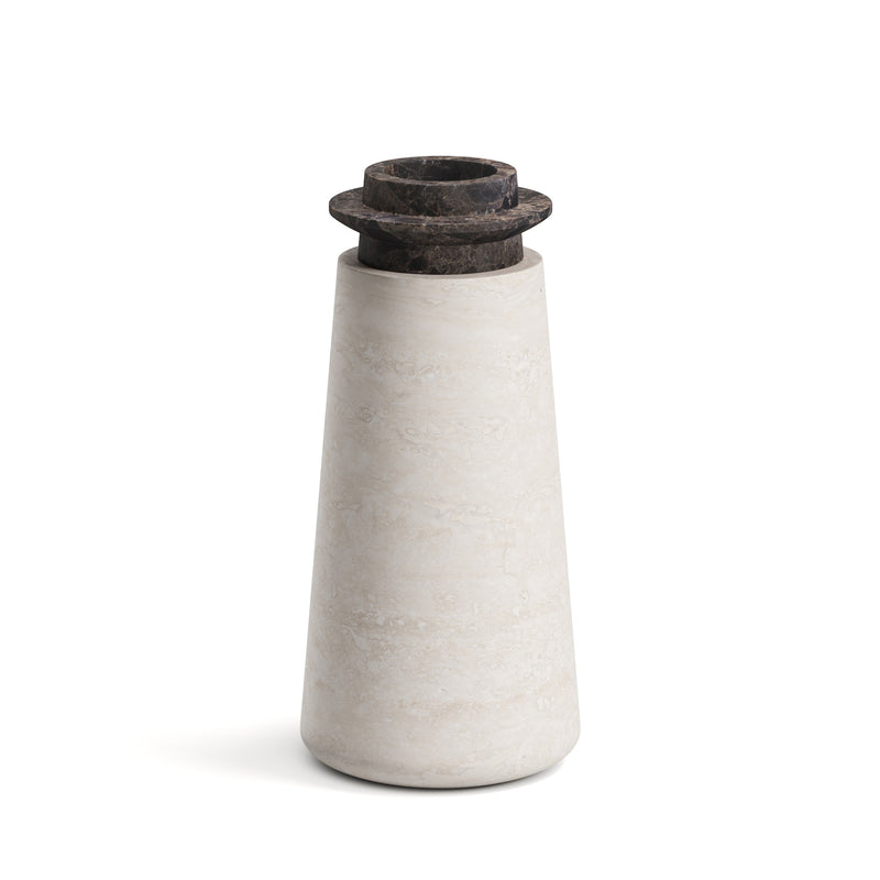 Tivoli vase in Travertino Navona marble with Black Emperador top, size large with white background.