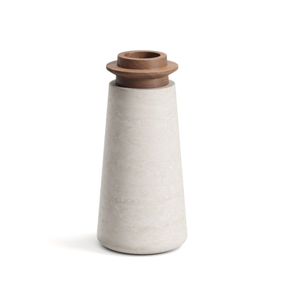 Tivoli vase in Travertino Navona marble with Walnut wood top, size large with white background.
