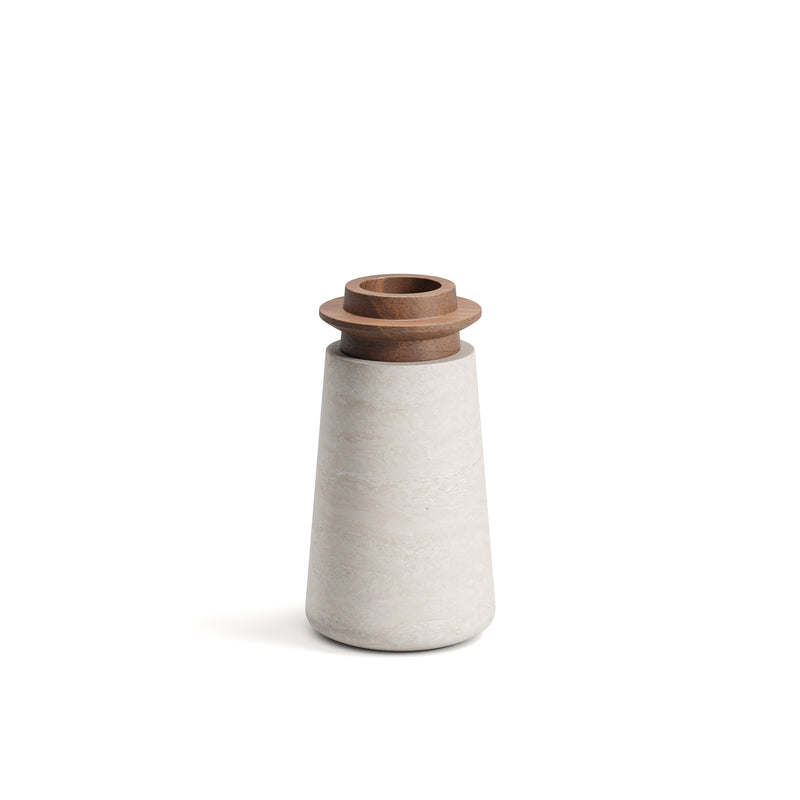 Tivoli vase in Travertino Navona marble with Walnut wood top, size small with white background. 