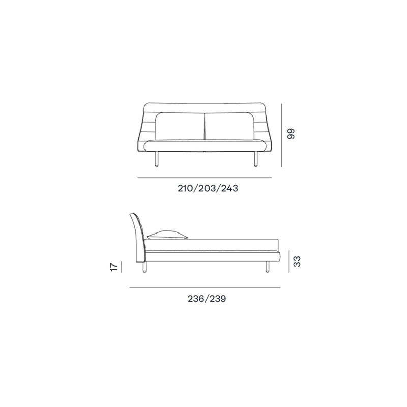 Gervasoni Plumeau Bed Diagram with Dimensions in centimeters (cm). Upholstered Bed Frames and Headboards USA.