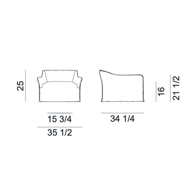 Gervasoni Saia 05 Armchair Diagram with Dimensions in inches (in). Chairs USA.