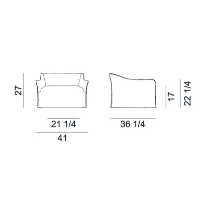 Gervasoni Saia 09 Armchair Diagram with Dimensions in inches (in). Chairs USA.