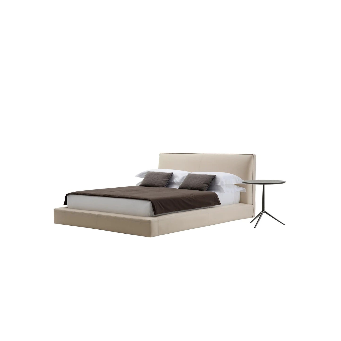 Richard Bed by B&B Italia, product cutout on white background with a modern tripod side table.