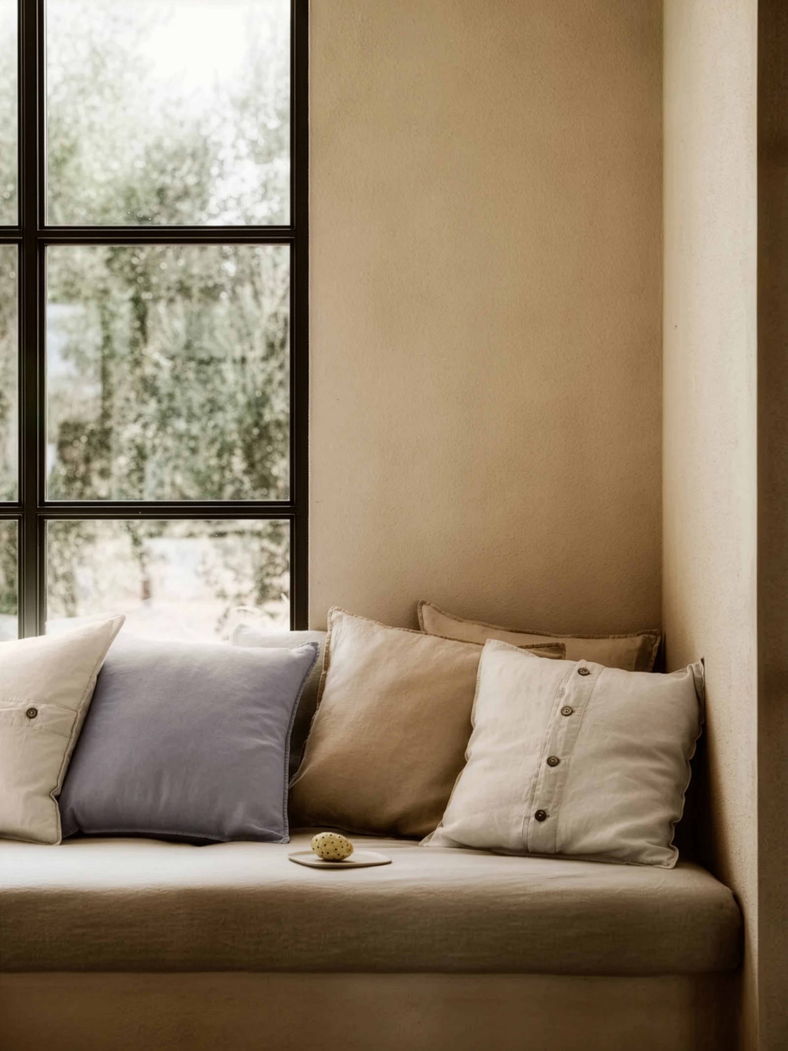 Society Limonta Rem linen decorative pillows featuring button details and soft washed textures arranged on a sunlit window seat.