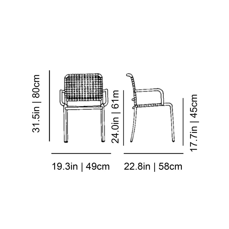 Gervasoni Allu 24 I/ Allu 224 I Armchair Diagram with Dimensions in inches (in) and centimeters (cm). Woven Armchair | JANGEORGe Interiors & Furniture USA
