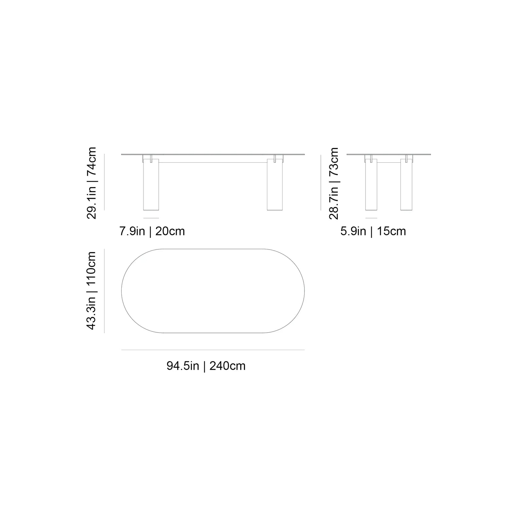 Gervasoni Daen 33 Table Diagram with Dimensions in inches (in) and centimeters (cm). Tables USA.